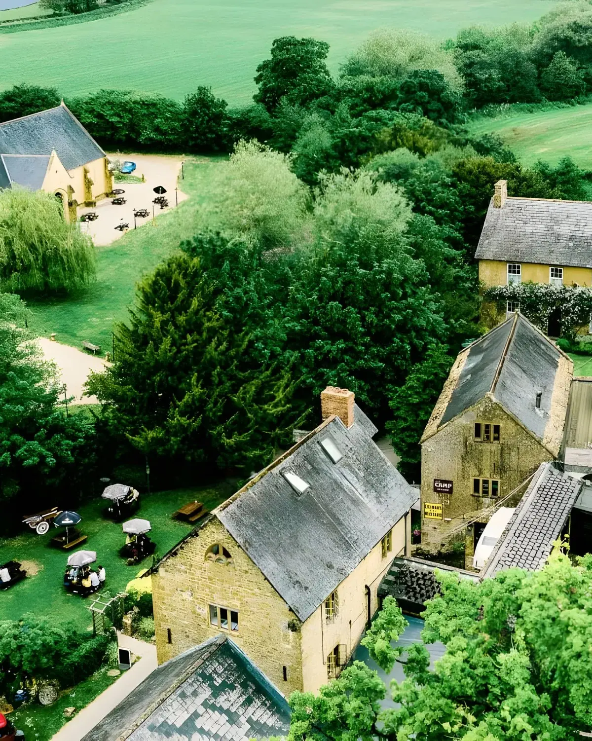 The hamstone estate from the air, in its Somerset valley