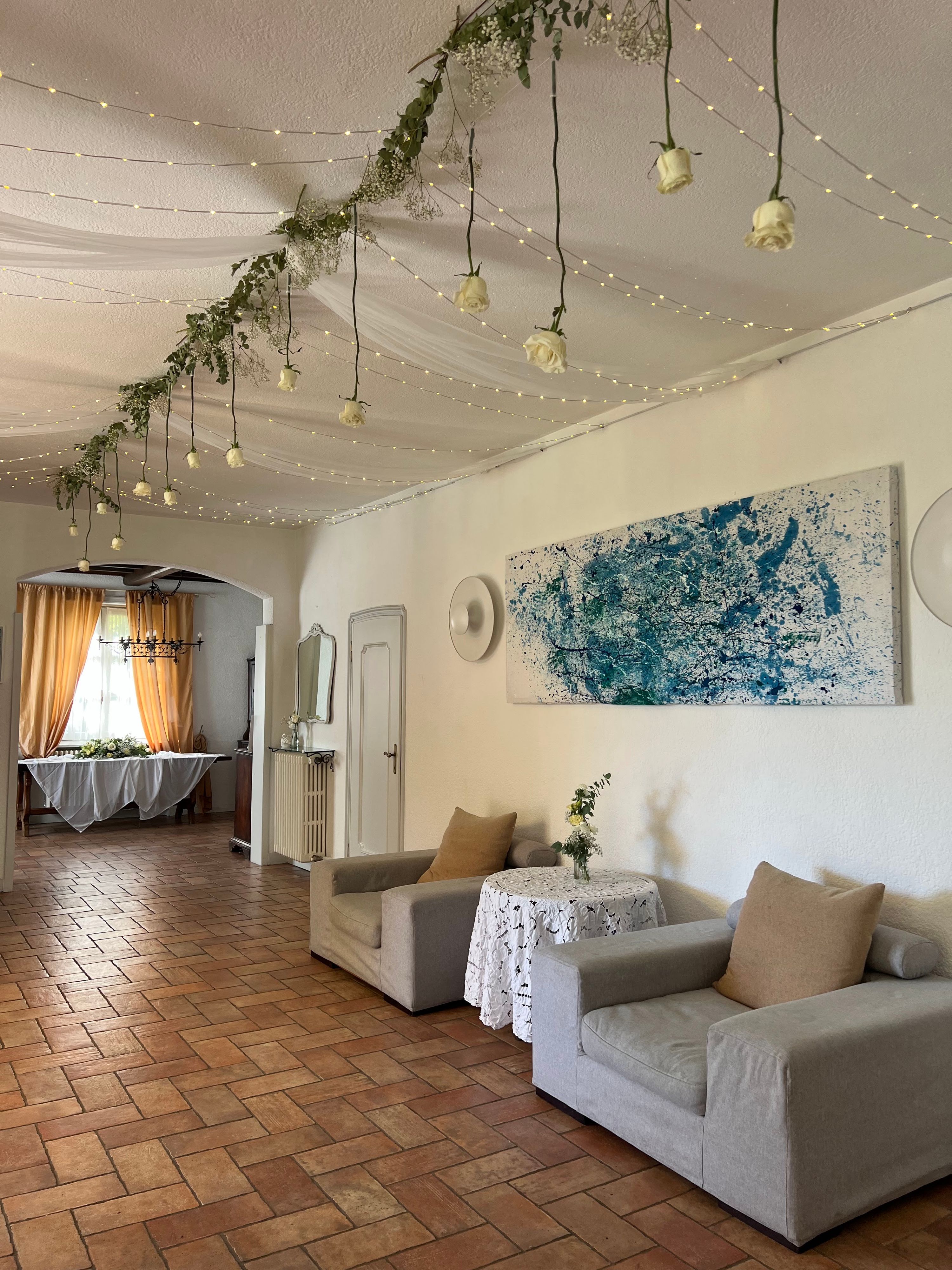 A frescoed salon inside a villa above Lake Como