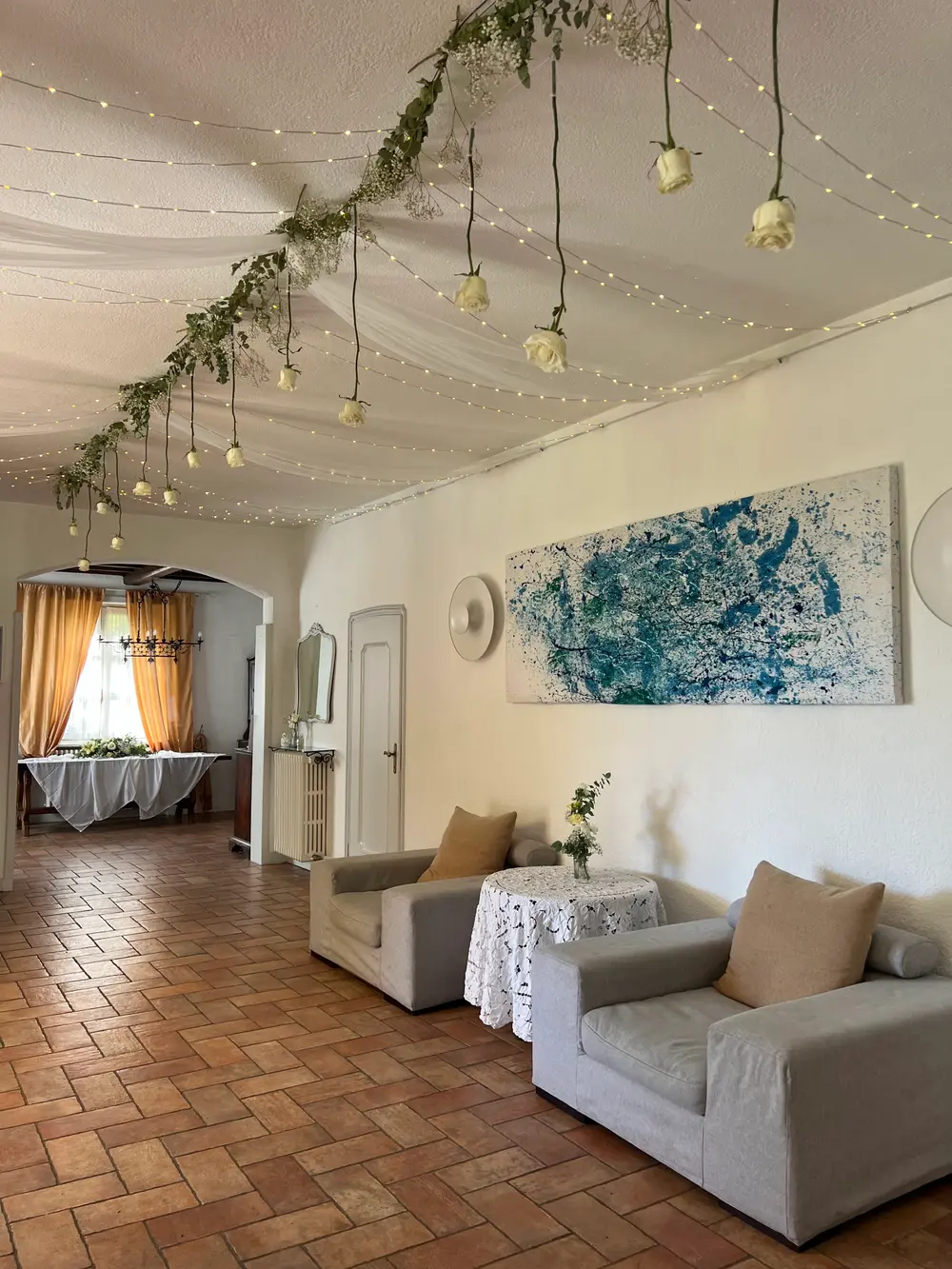 A frescoed salon inside a villa above Lake Como