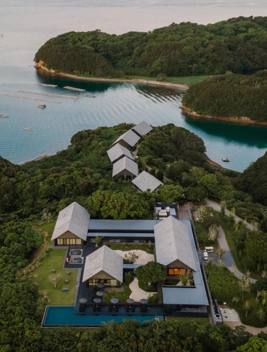 Aerial view of Amanemu, set on a forested bay in Ise-Shima National Park